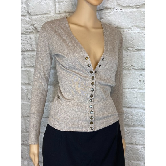 COL STORY Sweater Beige Brown Front Snaps SMALL Acrylic Cotton Fitted Stretchy - Picture 9 of 9